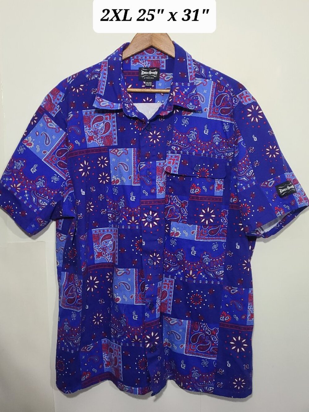 Dogg Supply By Snoop Dog Blue Bandana Button Down Short Sleeve Pocket Shirt 2XL